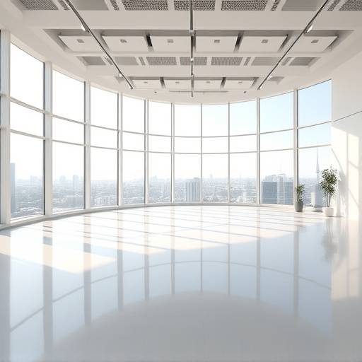 Daylight studio with panoramic windows and reflective surfaces.