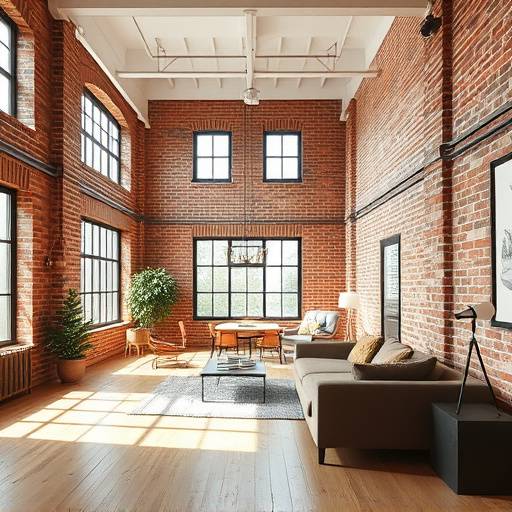 Spacious studio loft with natural light and exposed brick.