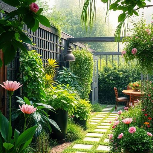 View of the Garden Studio with outdoor space featuring lush greenery and blooming flowers.